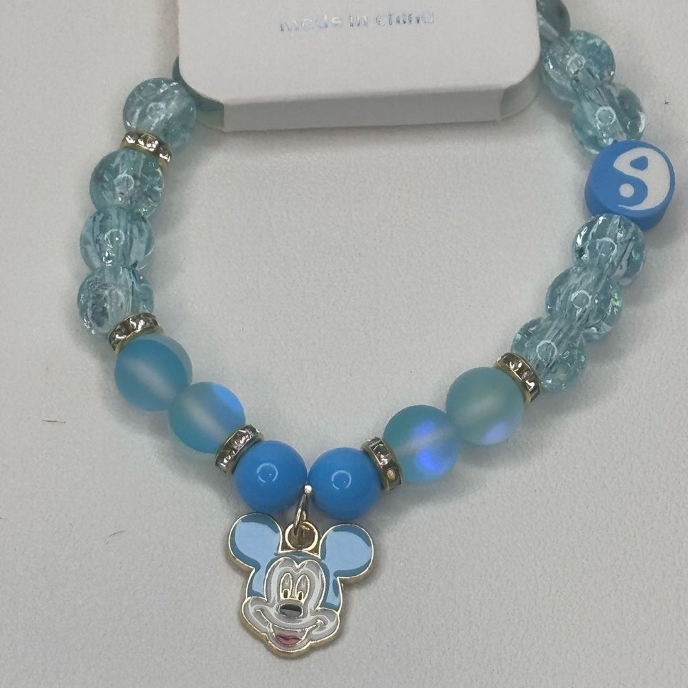 Colorful Kids Beaded Stretch Bracelet Blue beads Mickey charm